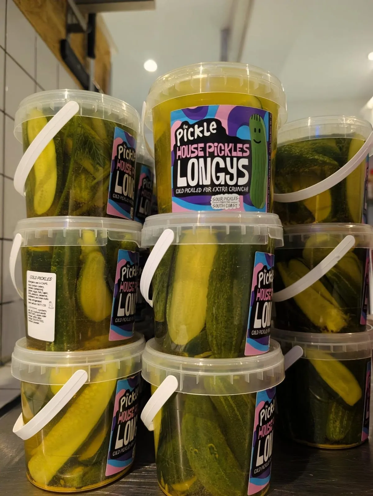 Tubs of The Pickle house pickle longys ready to take home, Brighton