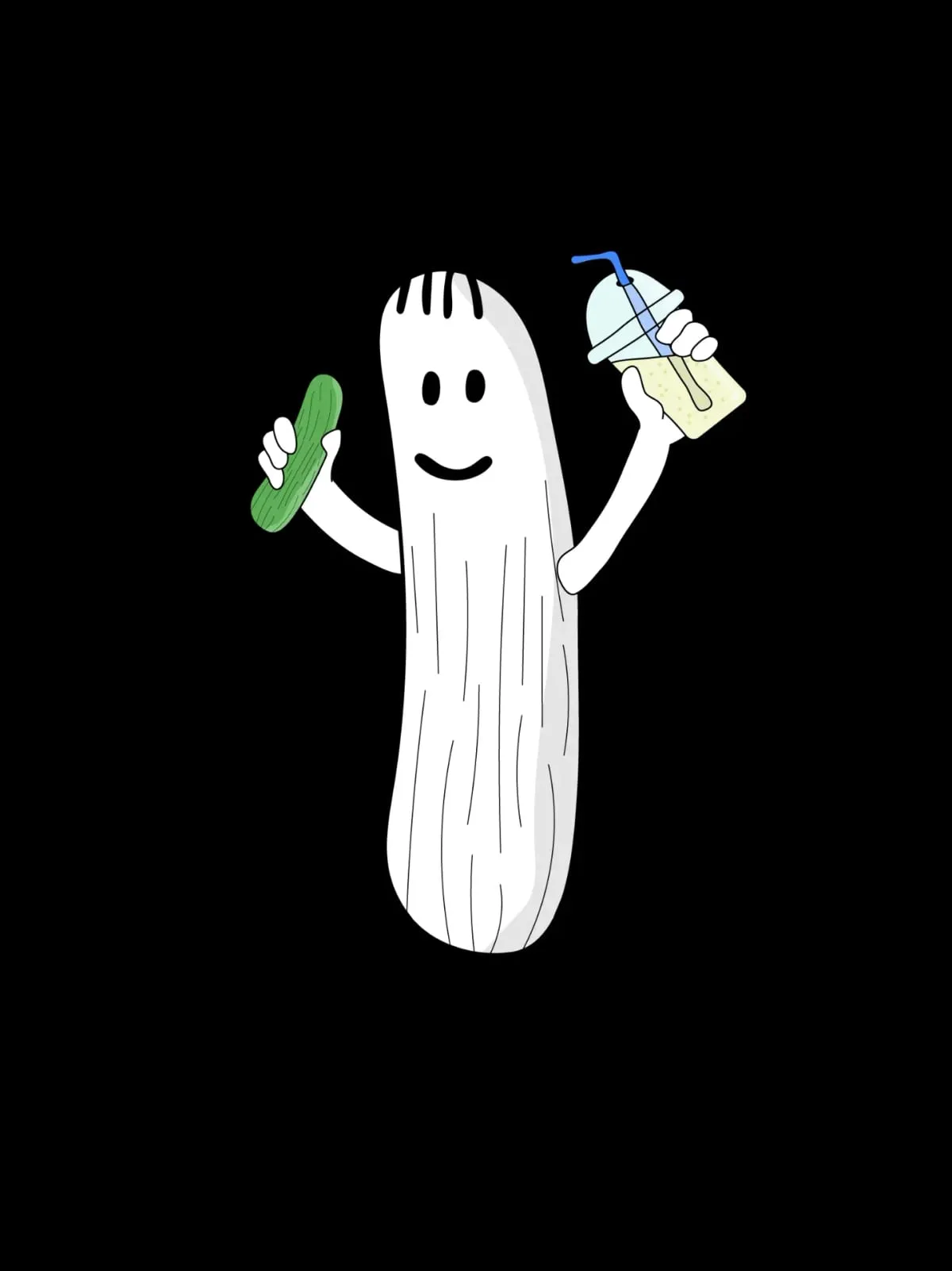 Hand-drawn pickle character holding a pickle lemonade, The Pickle Brighton