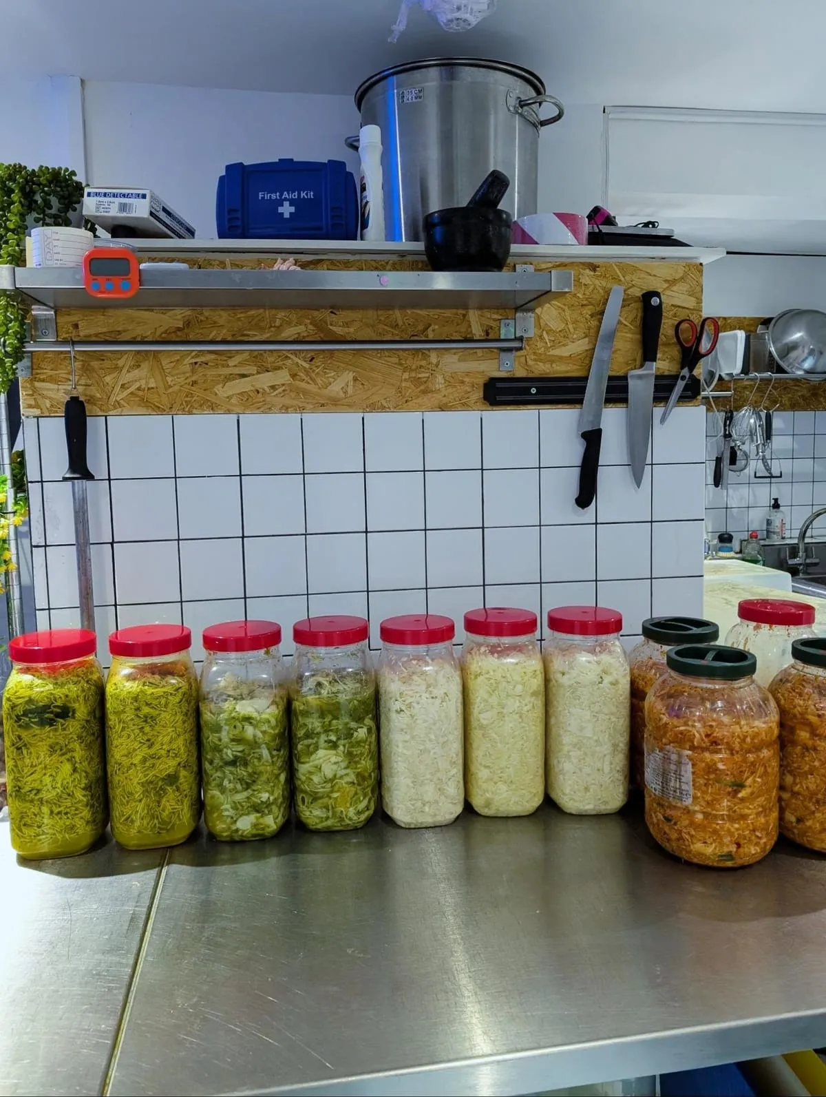 Jars of ferments in The Pickle kitchen, Kemptown