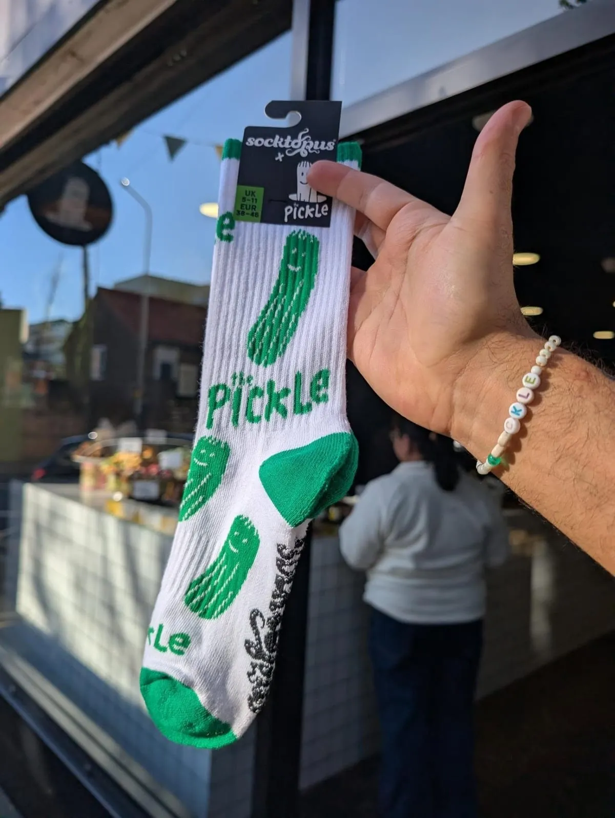 White pickle socks from The Pickle and Socktopus collaboration, Brighton