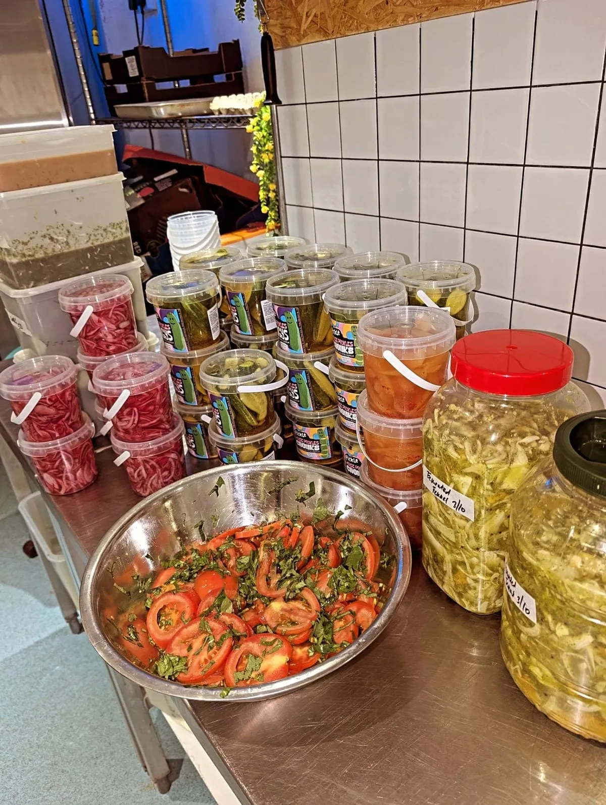 Roast tomatoes marinating in basil juice for focaccias at The Pickle Kemptown
